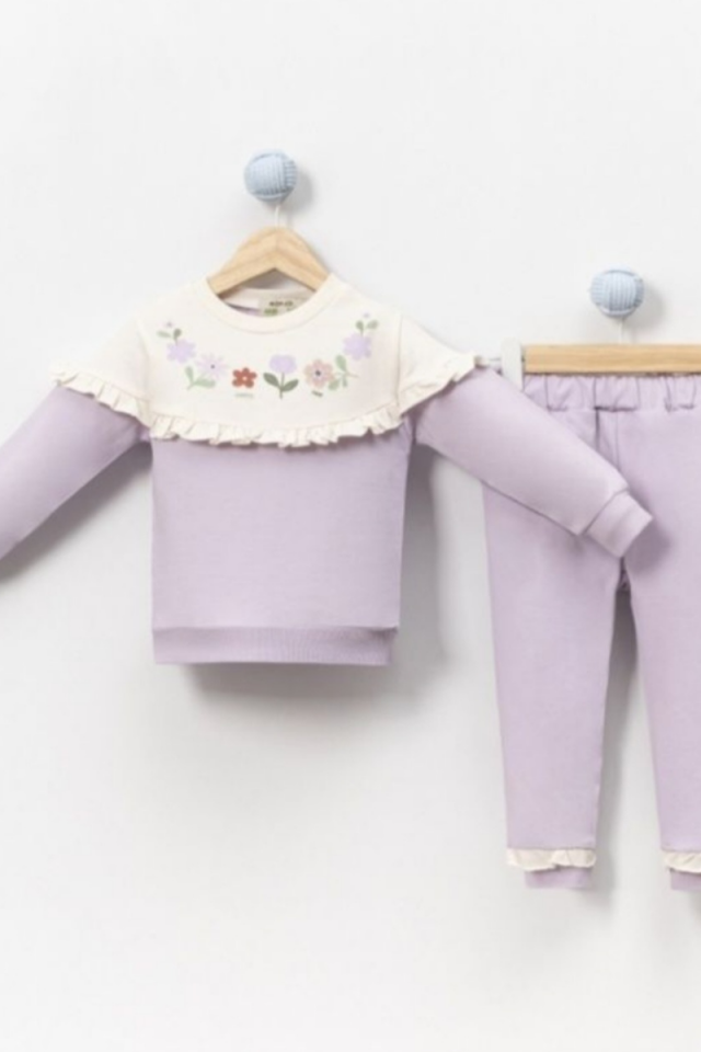 Çiçekli Yaka Detaylı Lila Alt Üst Kız Çocuk Takım