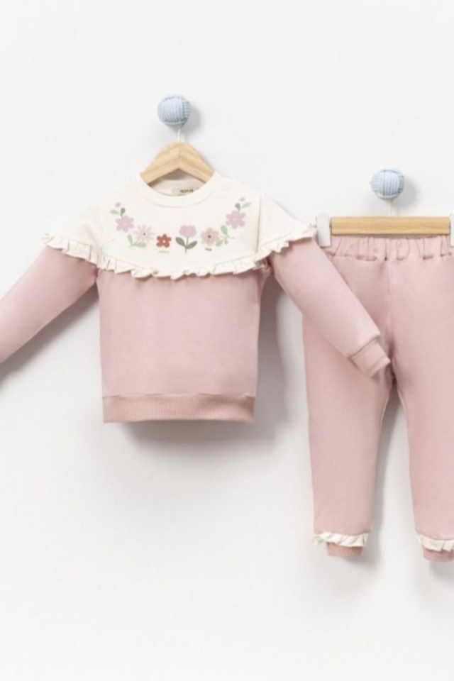 Çiçekli Yaka Detaylı Pembe  Kız Çocuk Alt Üst Takım