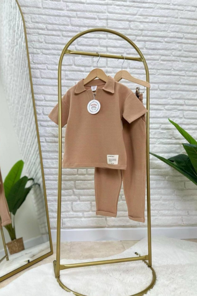 Açık Kahve Waffle Kumaş Alt Üst Erkek Çocuk Takım