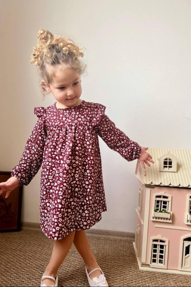 Bordo Çiçekli Mevsimlik Kız Çocuk Elbise