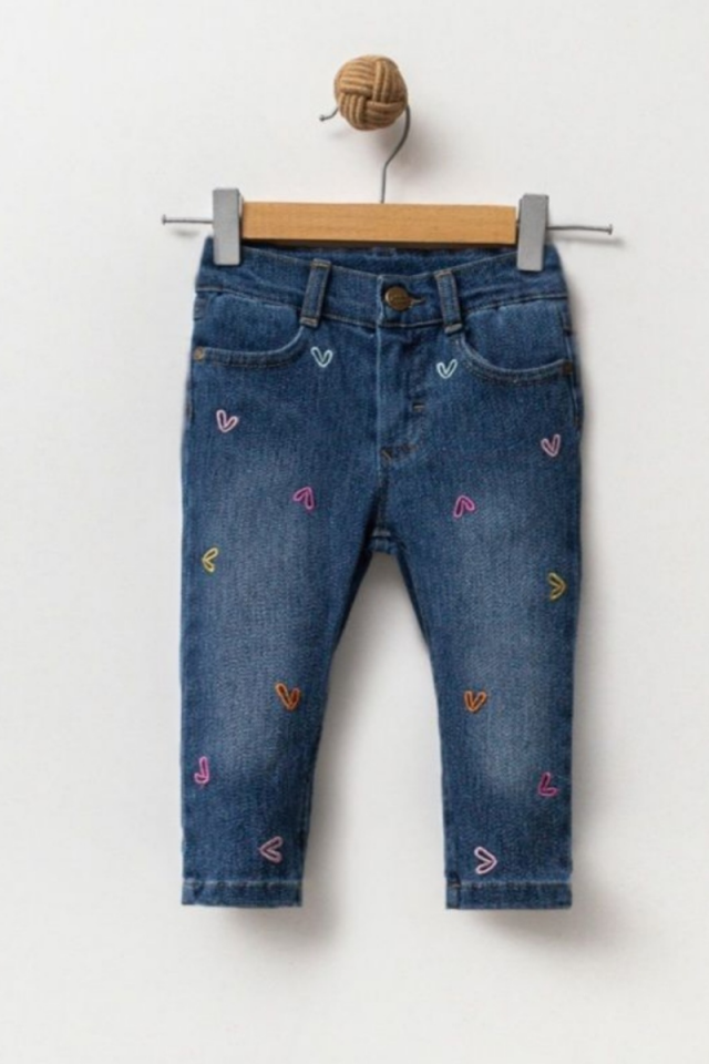 Renkli Nakışlı Kız Çocuk Kot Pantolon