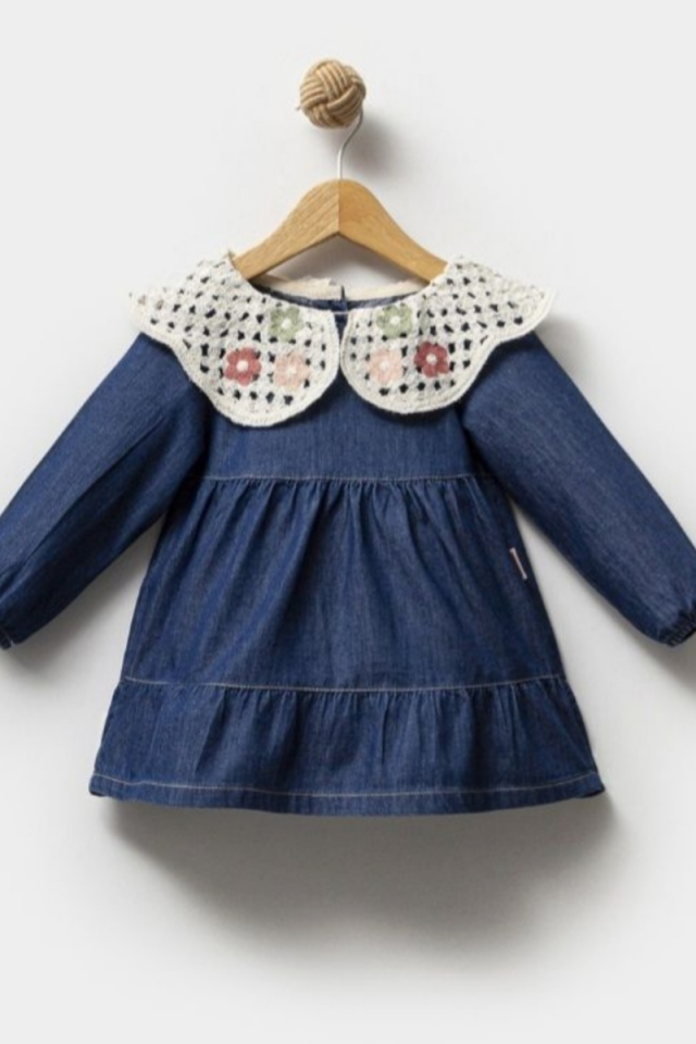 Yaka Detaylı Kız Çocuk Kot Elbise