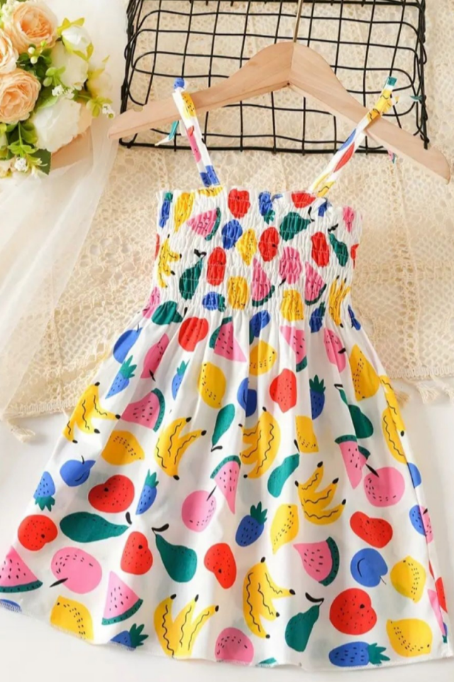 Meyve Desenli Yazlık Kız Çocuk Elbise