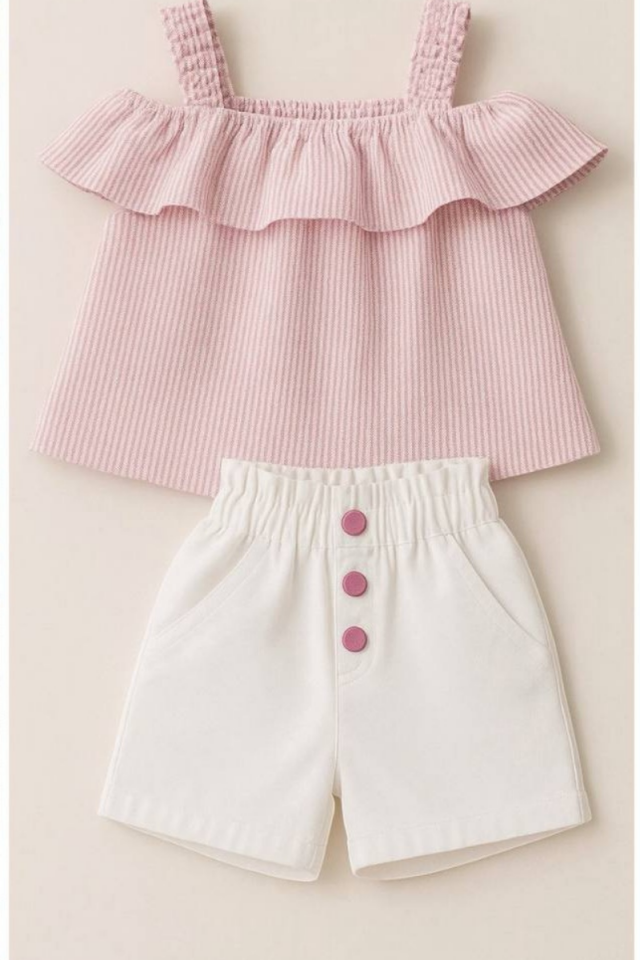 Pembe-Beyaz Alt Üst Kombin