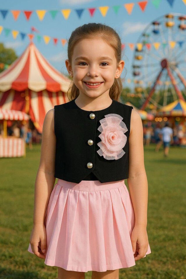 Siyah Kolsuz Yelek ve Pembe Etek Takım